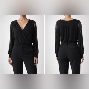 Ember Black Rhinestone Sleeve Bodysuit Long Sleeve V-Neck Size M